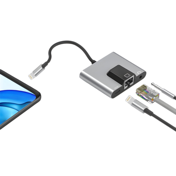 أدابتر Lightning إلى مخرج صوت 3.5mm + إيثرنت + شحن سريع