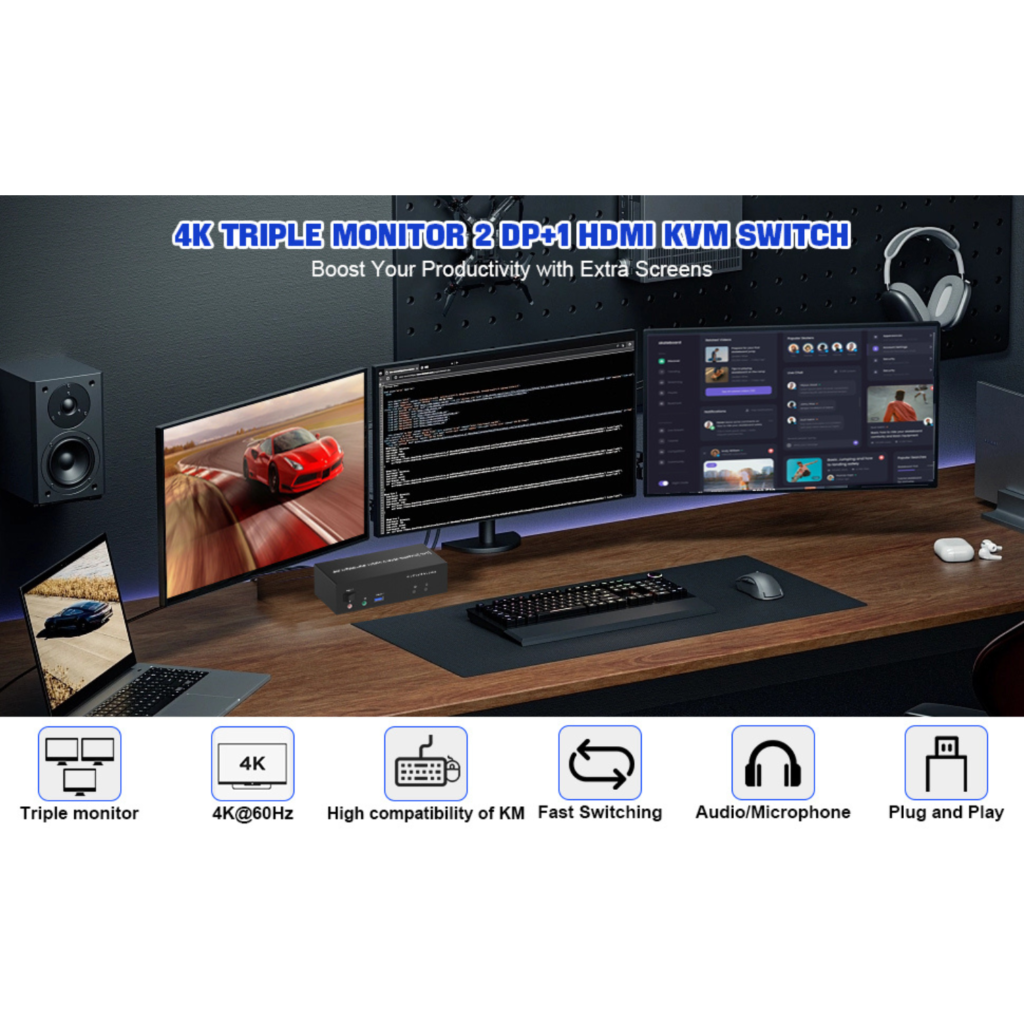 سويج Rytaki Pro KVM Switch Rytaki Pro KVM Switch (HDMI + 2 DisplayPort)  دعم 3 شاشات مع USB 3.0