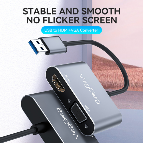 محول 2 في 1 USB 3.0 إلى HDMI و VGA مع مخرج مزدوج بدقة 1080P