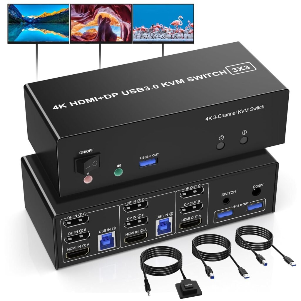 سويج Rytaki Pro KVM Switch Rytaki Pro KVM Switch (HDMI + 2 DisplayPort)  دعم 3 شاشات مع USB 3.0