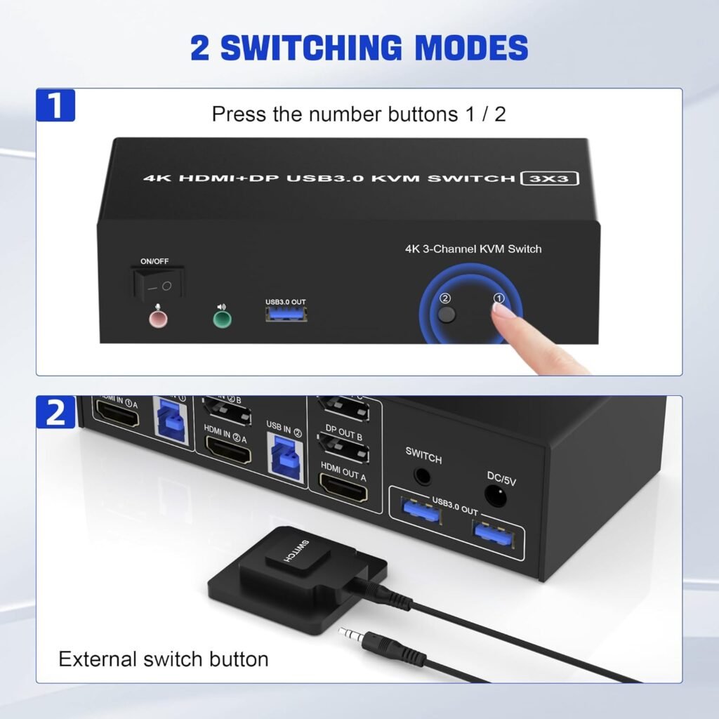 سويج Rytaki Pro KVM Switch Rytaki Pro KVM Switch (HDMI + 2 DisplayPort)  دعم 3 شاشات مع USB 3.0