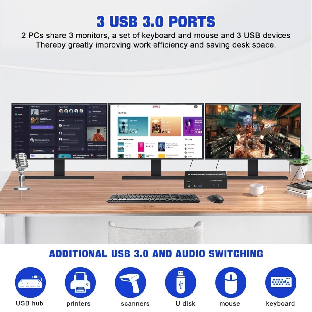 سويج Rytaki Pro KVM Switch Rytaki Pro KVM Switch (HDMI + 2 DisplayPort)  دعم 3 شاشات مع USB 3.0