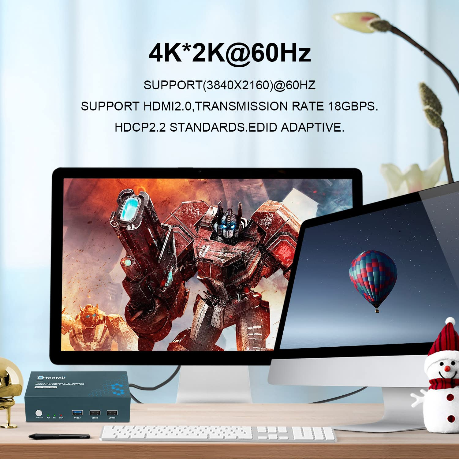 محوّل Steetek USB3.0 KVM لشاشتين – بدقة 4K وبمنفذي USB 3.0