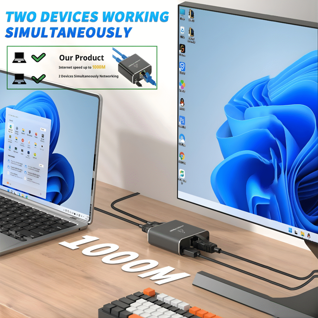 موزع إنترنت جيجابت 1 إلى 2 بمنفذين RJ45 مع كابل طاقة Type-C