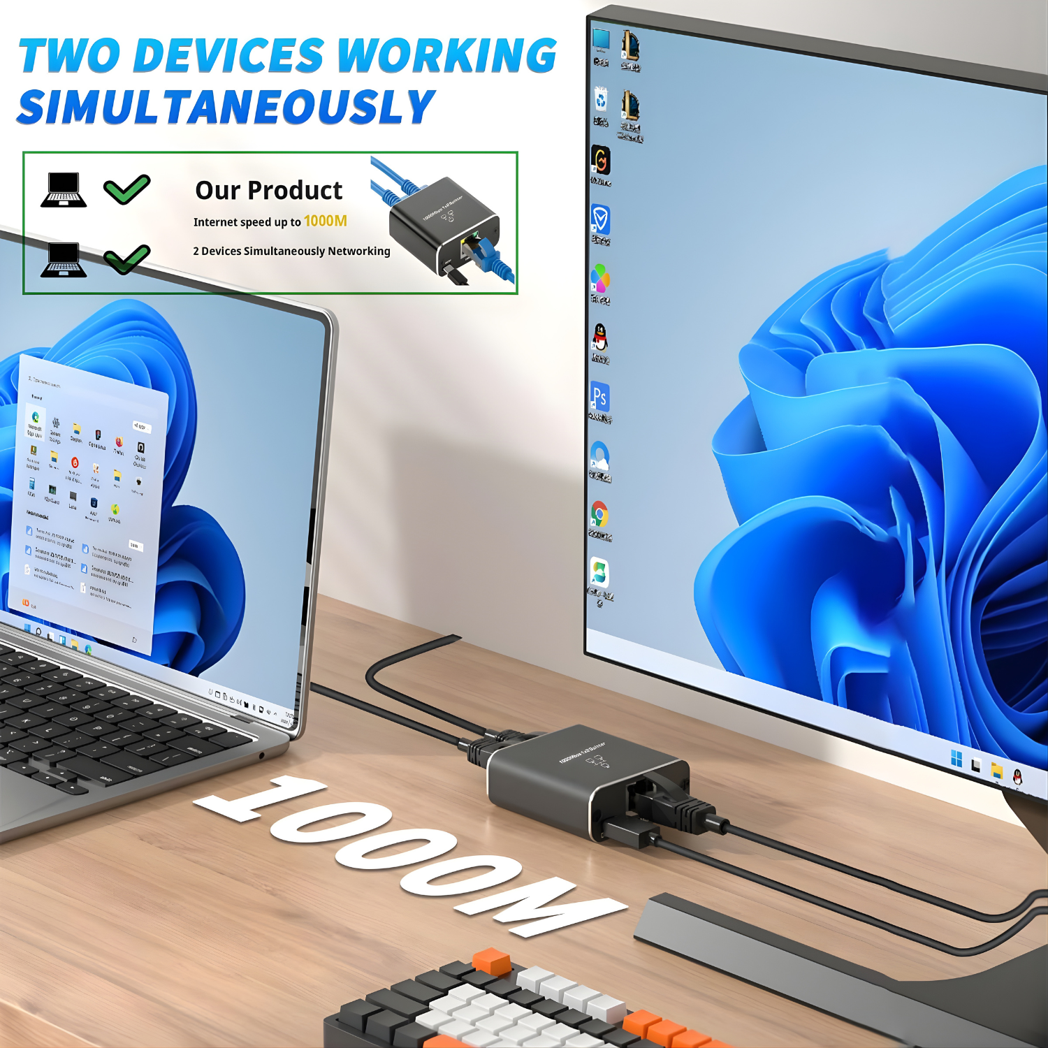 موزع إنترنت جيجابت 1 إلى 2 بمنفذين RJ45 مع كابل طاقة Type-C