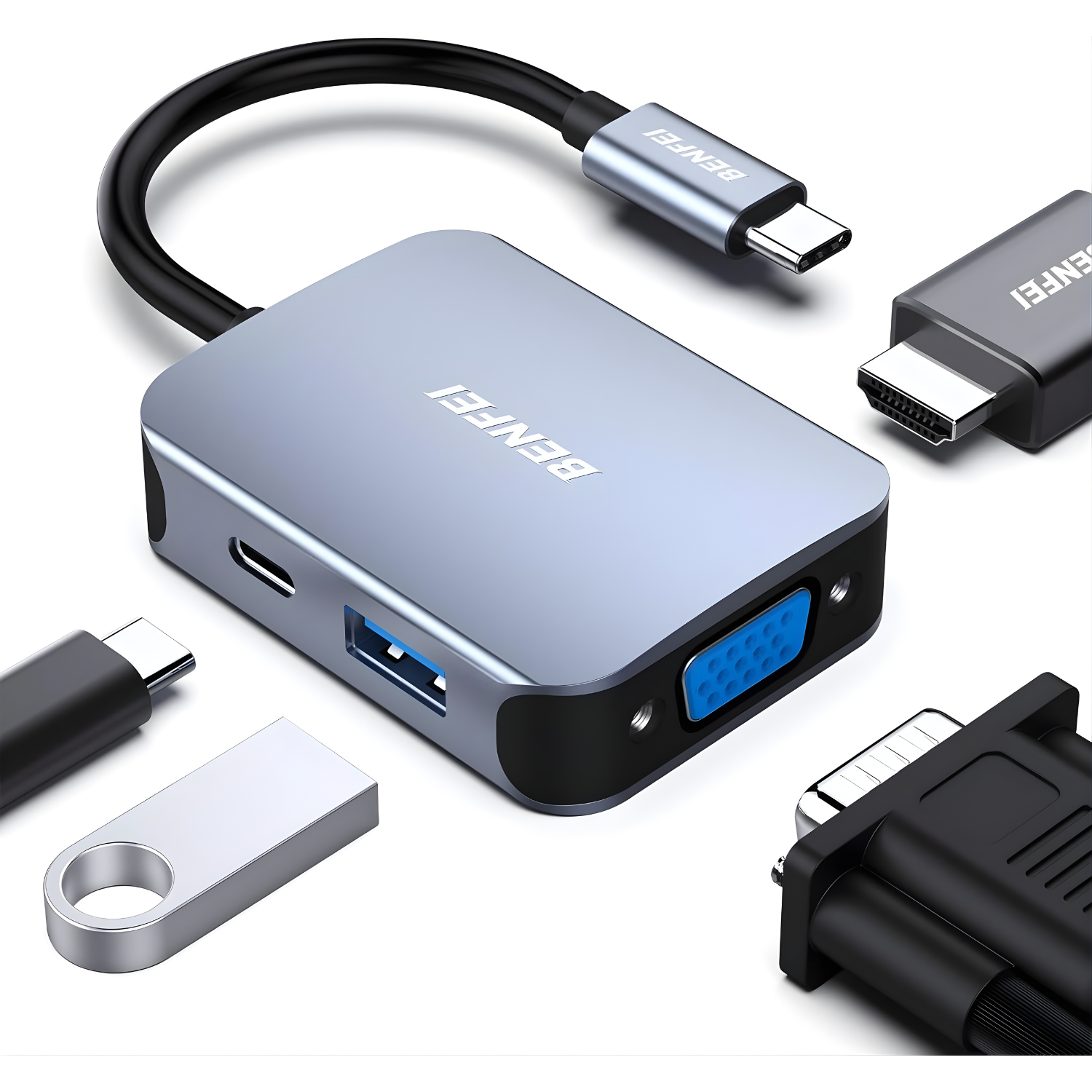 BENFEI USB-C Hub 4 في 1 محوّل USB-C إلى HDMI + VGA + USB + طاقة PD