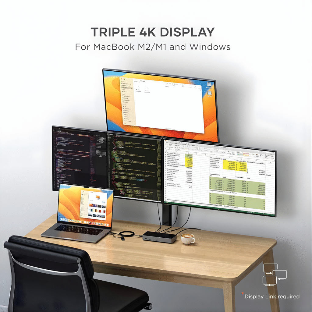 SATECHI Triple 4K Docking Station – قاعدة توسعة 13×1 لدعم ثلاث شاشات 4K مع 100W PD