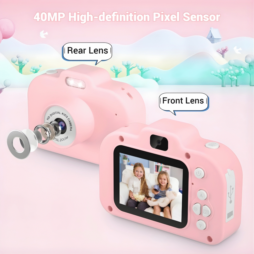 كاميرا أطفال رقمية مع ذاكرة 32GB – شاشة 2 إنش، تصوير 1080P، عدستين، USB-C، ألعاب مدمجة وتأثيرات ممتعة