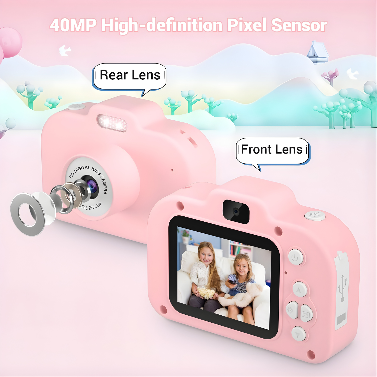 كاميرا أطفال رقمية مع ذاكرة 32GB – شاشة 2 إنش، تصوير 1080P، عدستين، USB-C، ألعاب مدمجة وتأثيرات ممتعة
