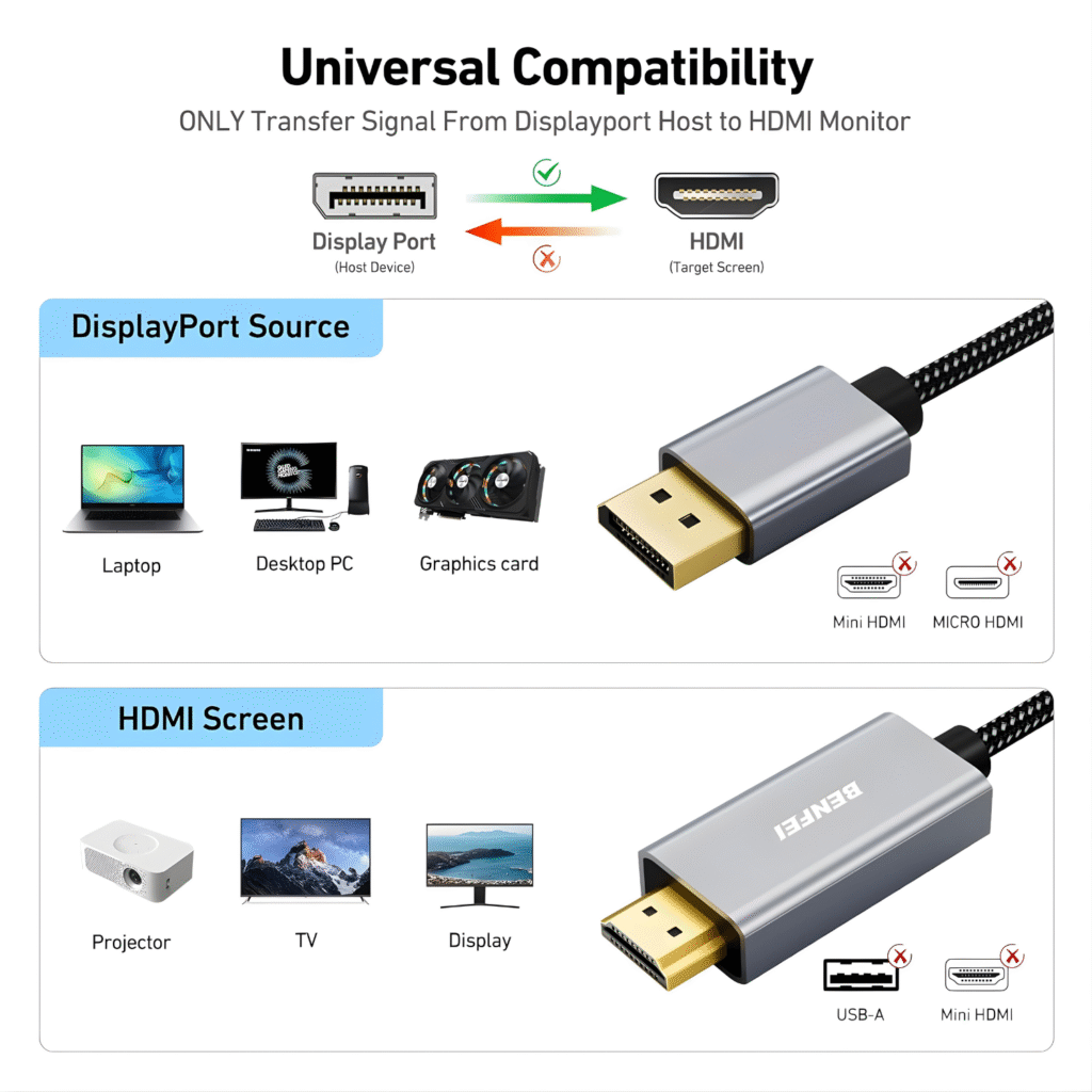 كيبل BENFEI DisplayPort إلى HDMI – 4K أحادي الاتجاه