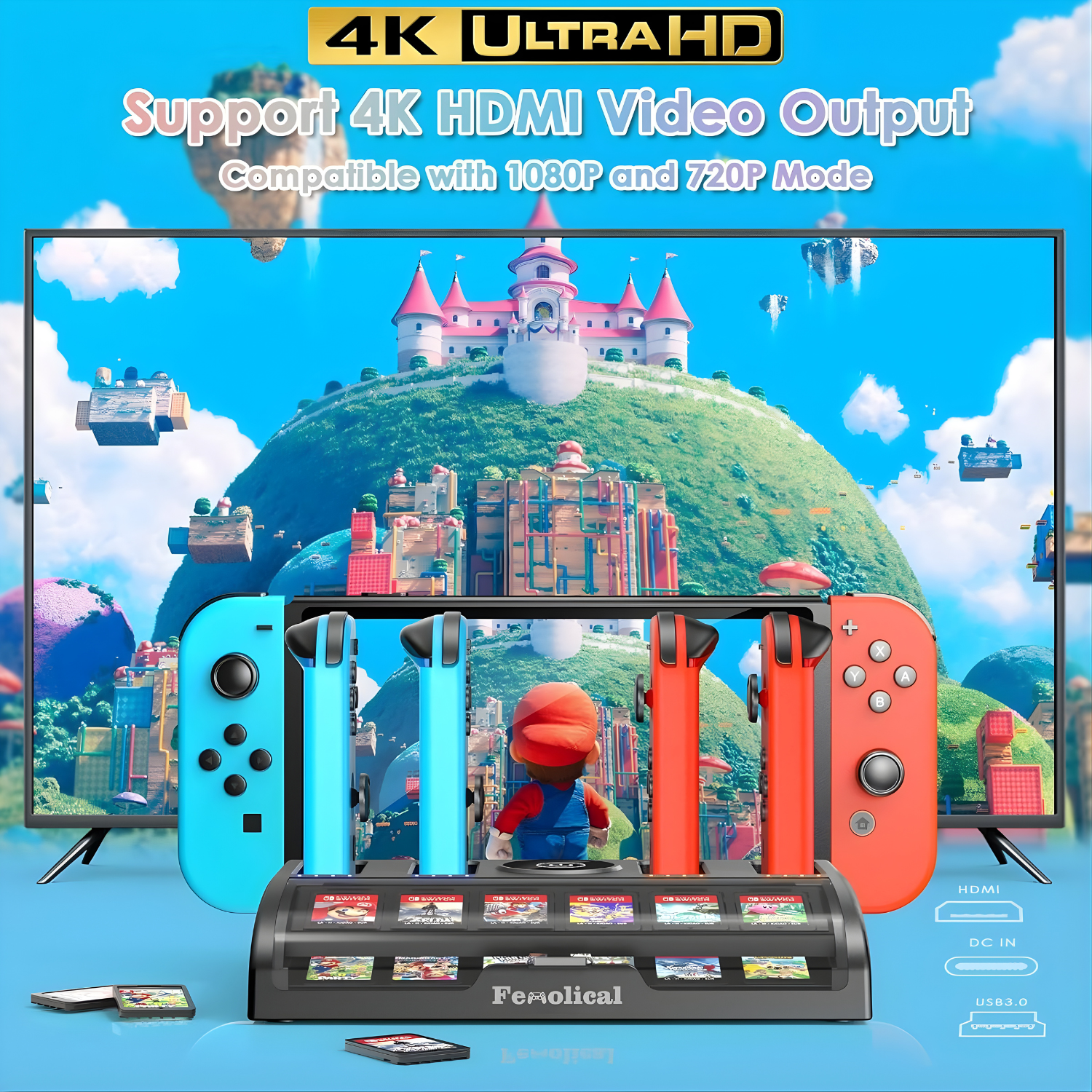 قاعدة شحن وعرض شاملة لجهاز Nintendo Switch/Switch OLED – مع دعم 4K وشحن 6 جويكون وتخزين 12 لعبة (لون أسود)