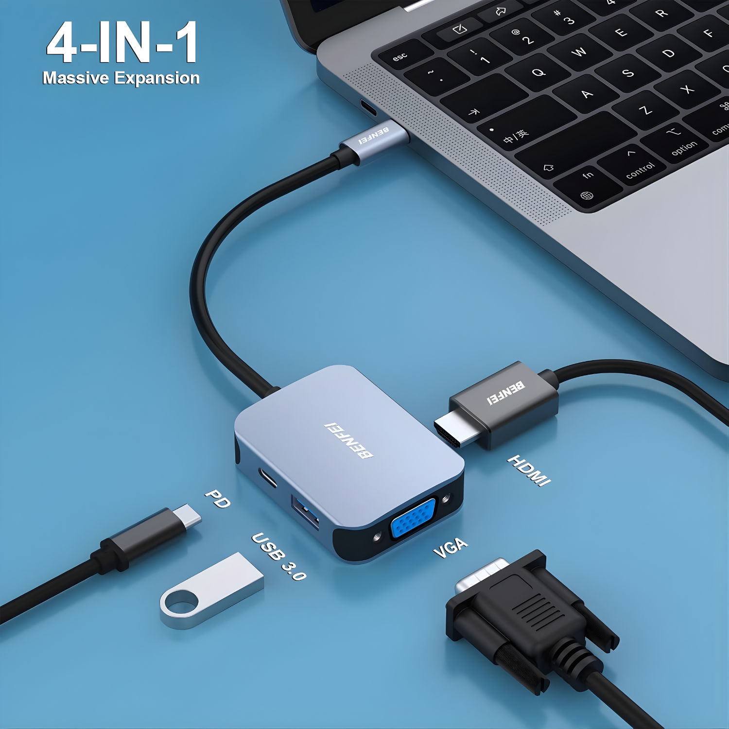 BENFEI USB-C Hub 4 في 1 محوّل USB-C إلى HDMI + VGA + USB + طاقة PD