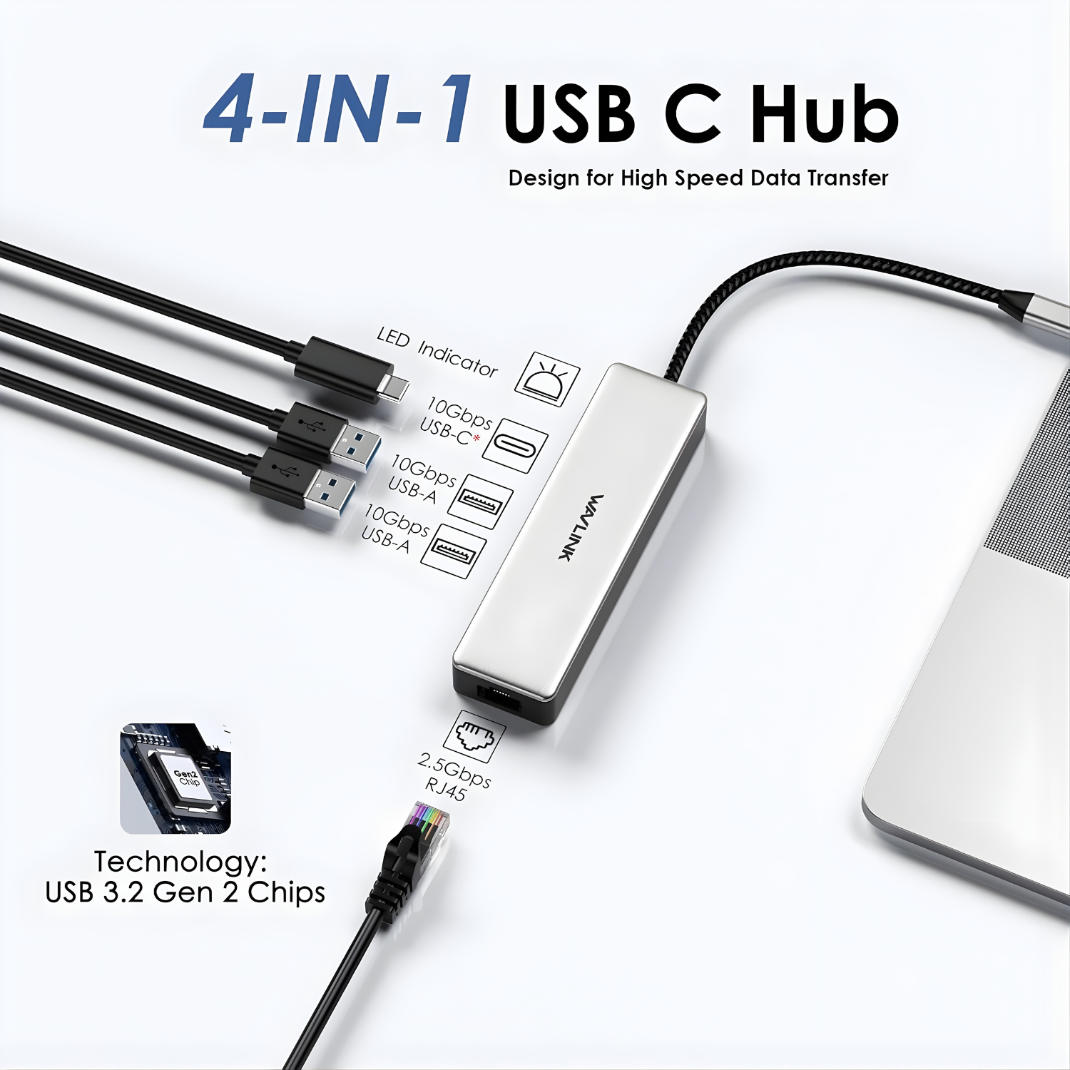 محوّل شبكة وUSB Hub بسرعة 10Gbps Wavlink USB-C to Ethernet 2.5G –