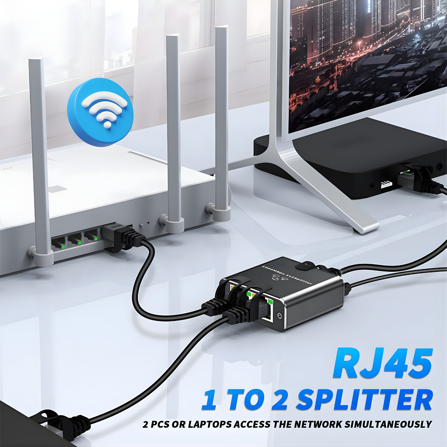 موزع إنترنت جيجابت 1 إلى 2 بمنفذين RJ45 مع كابل طاقة Type-C