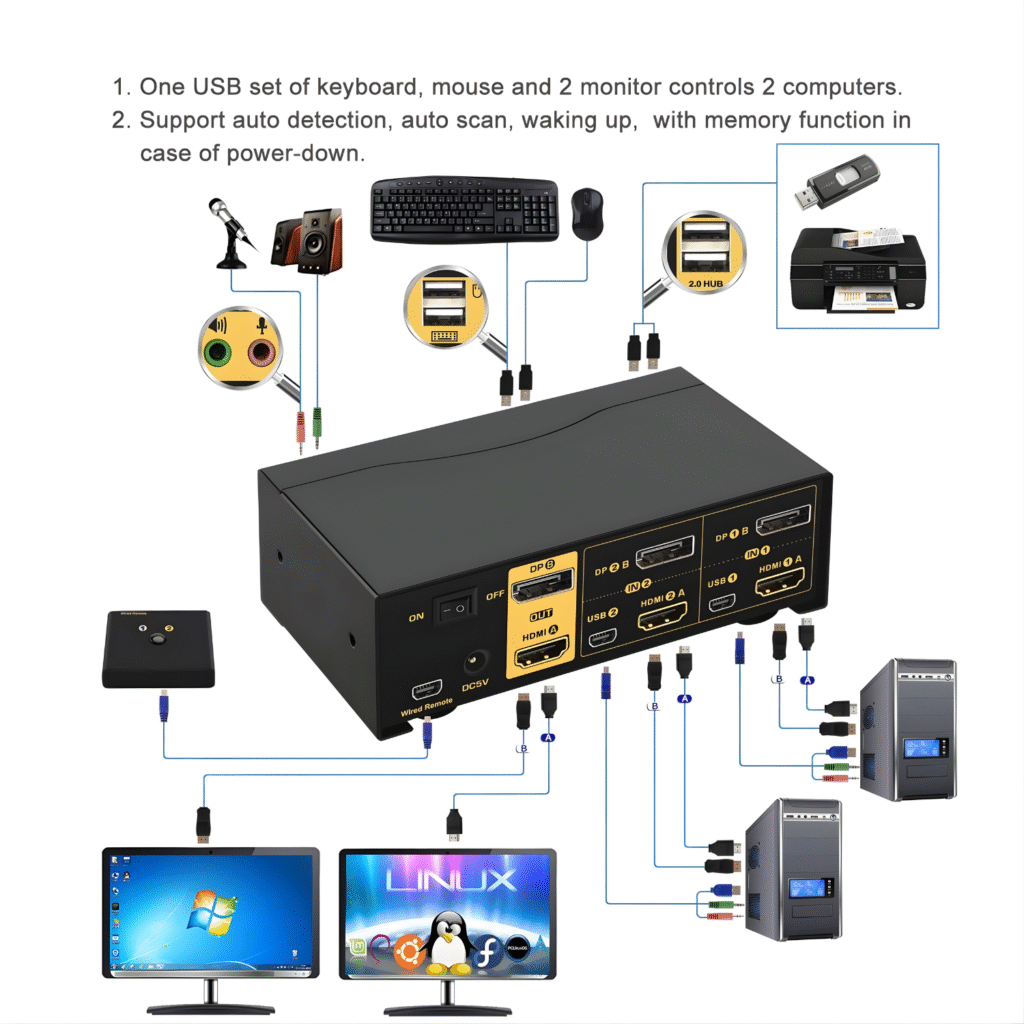 CKLau KVM Switcher 4K@60Hz – تحكم بجهازين على شاشتين بكل سهولة