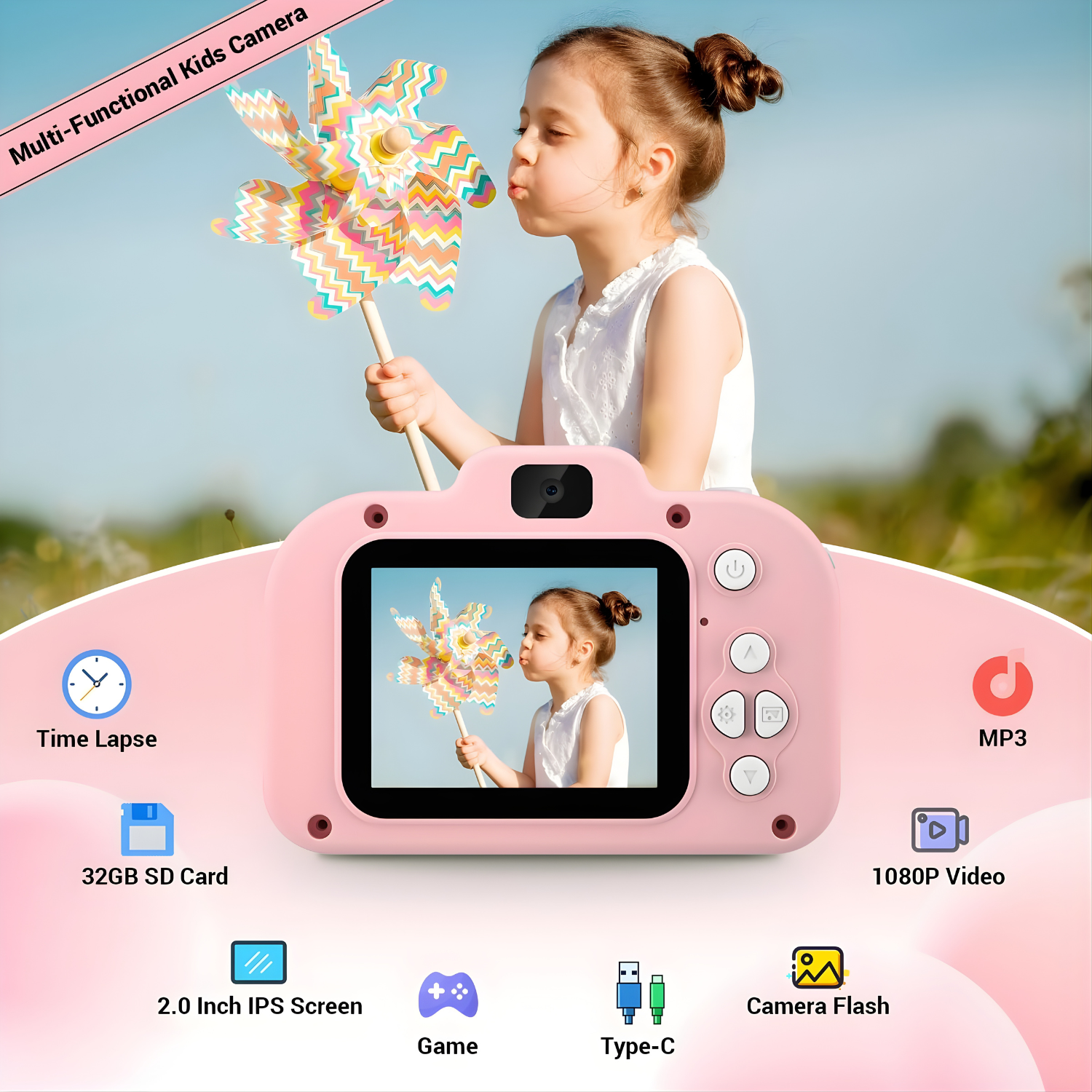 كاميرا أطفال رقمية مع ذاكرة 32GB – شاشة 2 إنش، تصوير 1080P، عدستين، USB-C، ألعاب مدمجة وتأثيرات ممتعة
