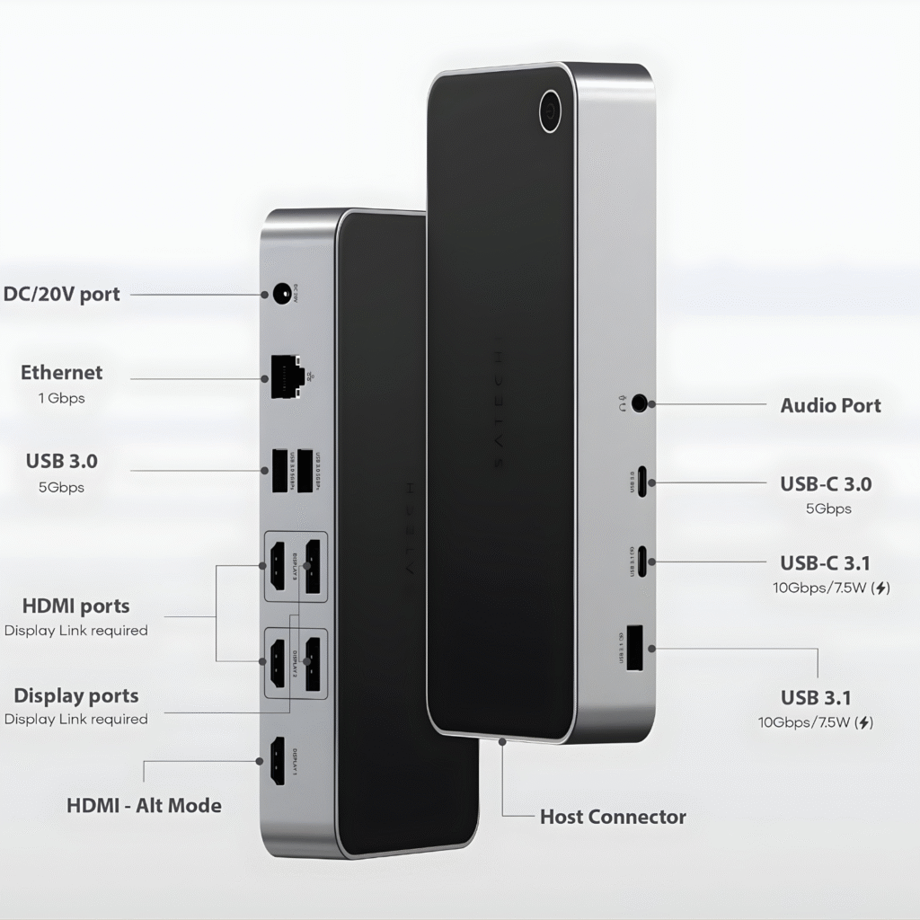 SATECHI Triple 4K Docking Station – قاعدة توسعة 13×1 لدعم ثلاث شاشات 4K مع 100W PD