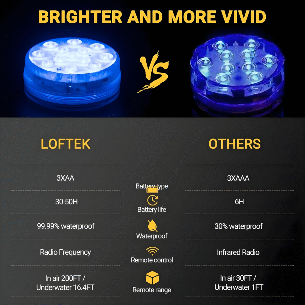 LOFTEK – إضاءة LED غاطسة للمسابح مع ريموت، مغناطيس وسكشن، 16 لون متغيّر – 13 LED قوية | طقم 8 قطع