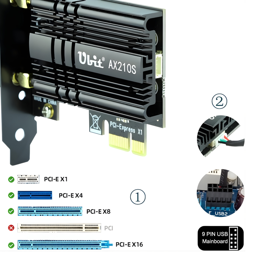 كرت شبكة Ubit AX210 WiFi 6E PCIe – ثلاثي النطاق حتى 5400Mbps مع Bluetooth 5.3