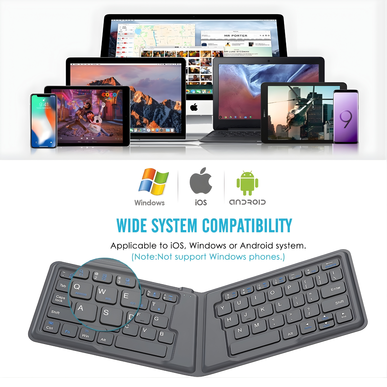 لوحة مفاتيح MoKo القابلة للطي بلوتوث لاسلكية، رفيعة جدًا، قابلة للشحن،