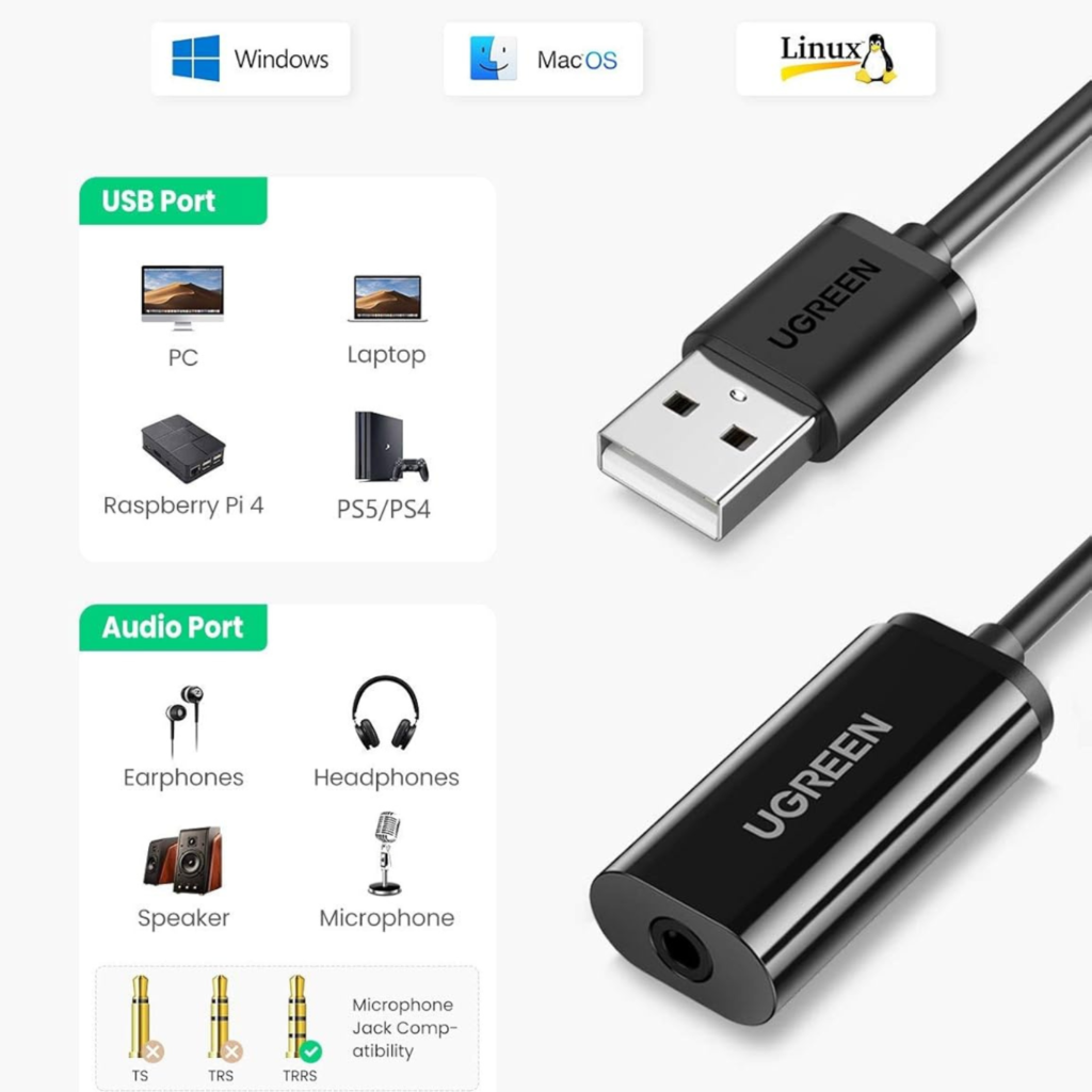 كرت صوت USB خارجي UGREEN مع منفذ 3.5mm AUX – أسود