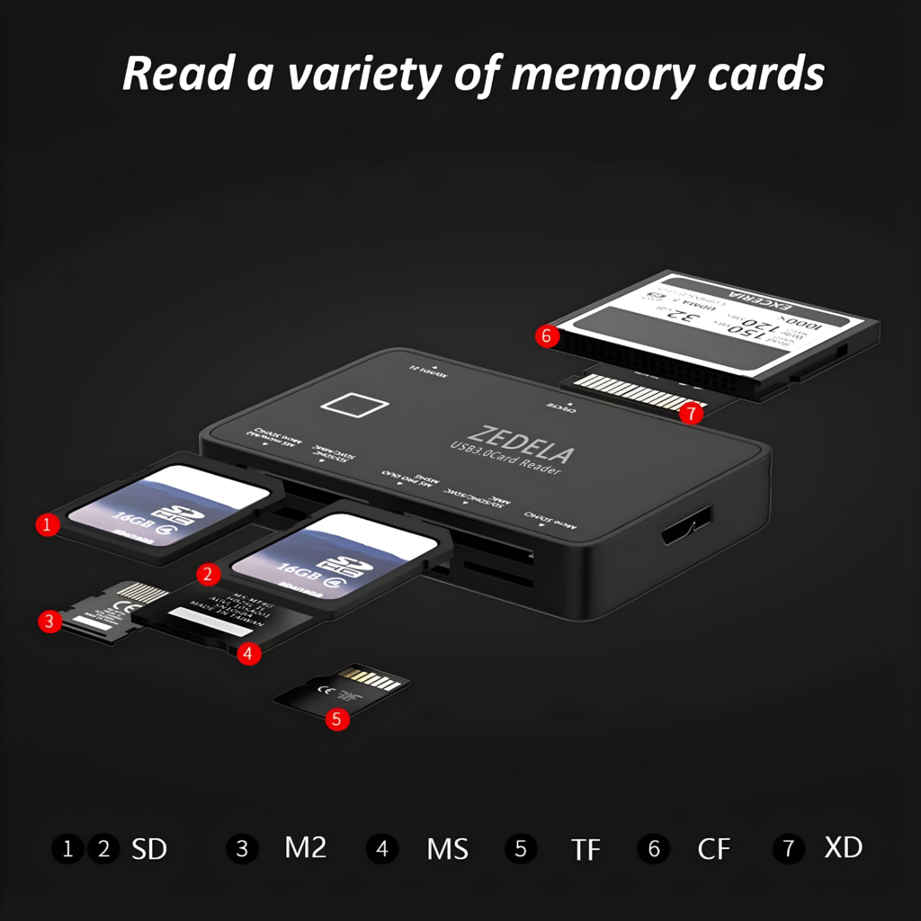 قارئ بطاقات Zedela USB 3.0 متعدد 7-في-1 – سرعة 5Gbps لجميع بطاقات الذاكرة