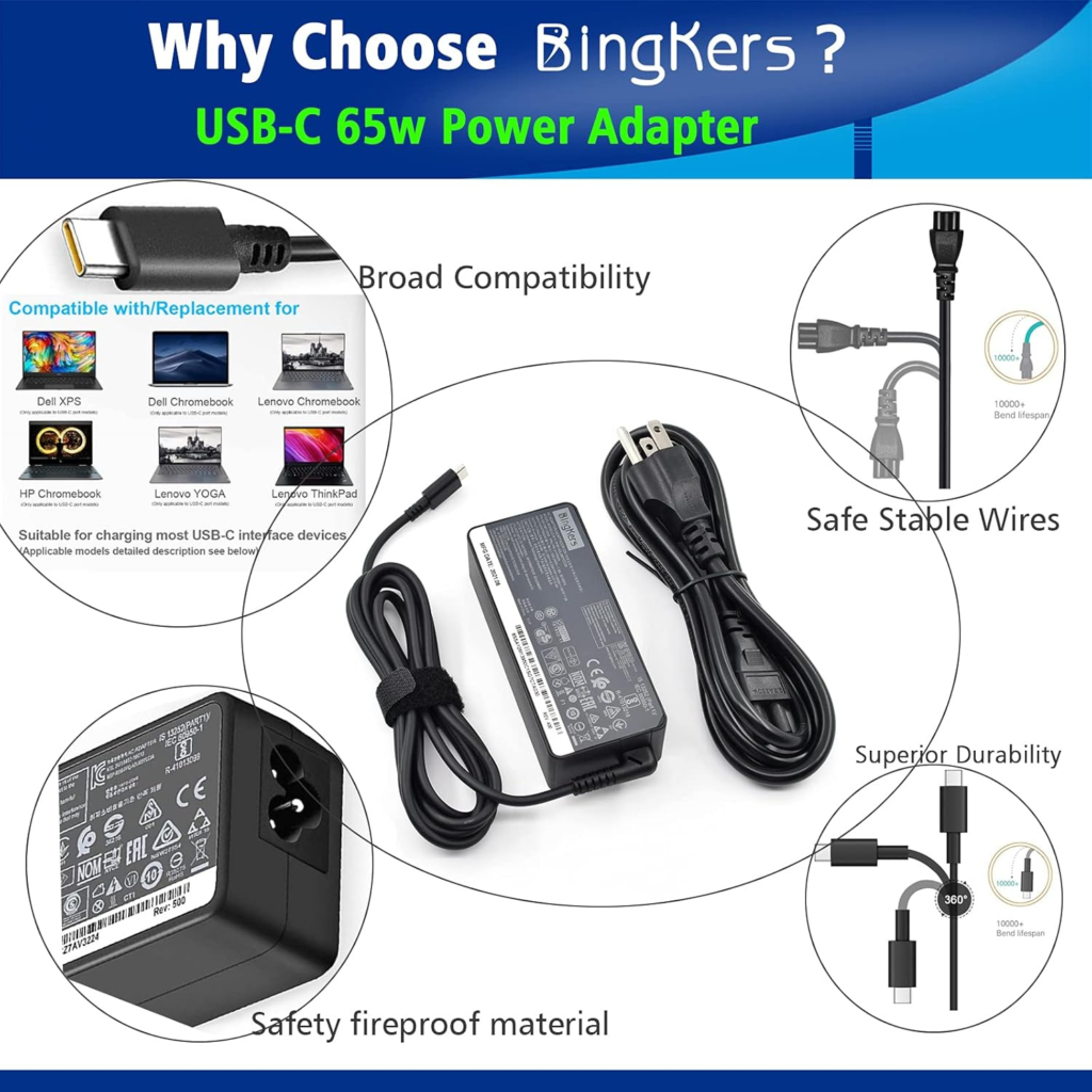 شاحن USB-C بقدرة 65 واط BINGKERS – بديل أصلي لأجهزة Lenovo ThinkPad & Yoga