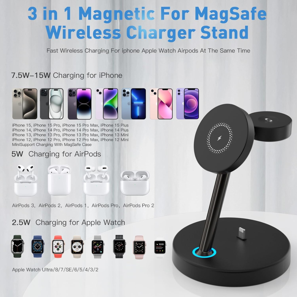 قاعدة شحن لاسلكية 3×1 من INNISTO – آيفون + أبل ووتش + AirPods