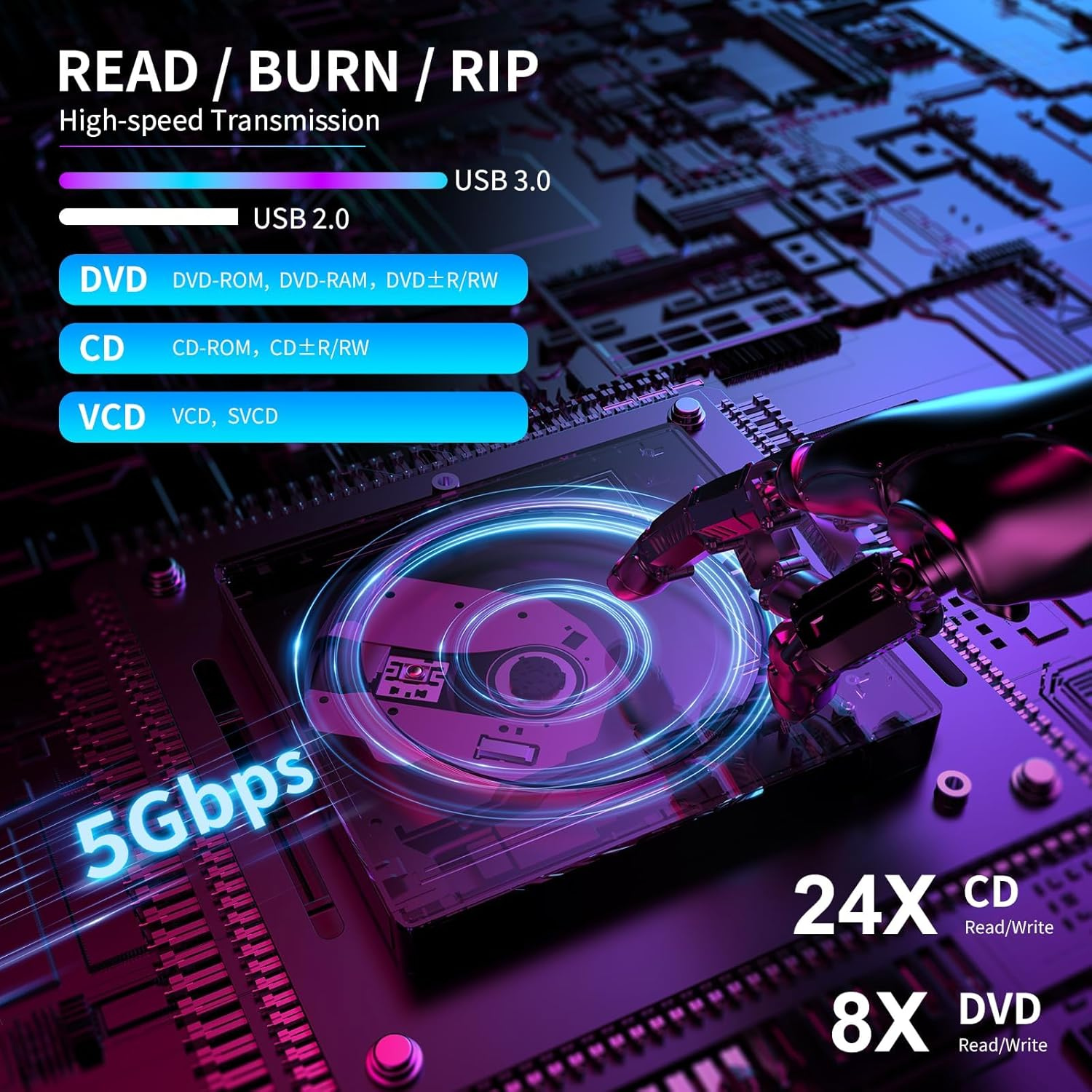 مشغل أقراص CD/DVD خارجي USB 3.0