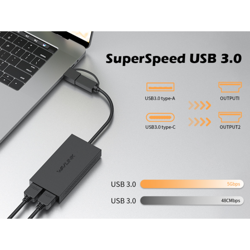 محول WAVLINK USB 3.0 / USB-C إلى HDMI مزدوج – دعم شاشتين بدقة FHD وQHD