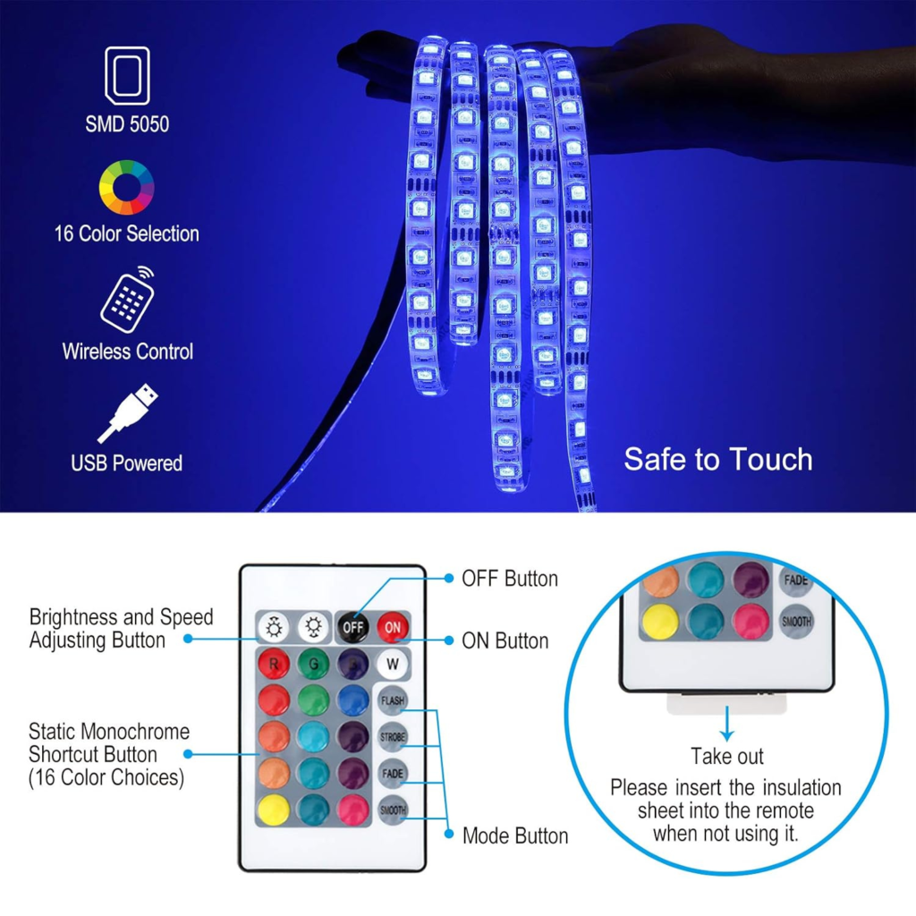 شريط إضاءة LED RGB بطول 3 متر KOPMHYE – مقاوم للماء IP65 مع ريموت