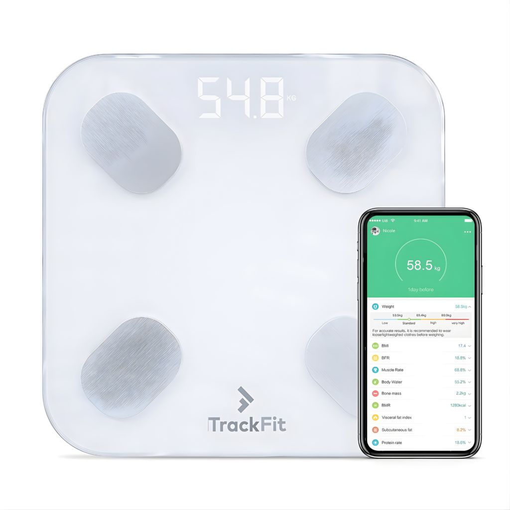 ميزان FitTrack Dara الذكي لقياس الوزن ونسبة الدهون – تقنية Dual BIA مع بلوتوث