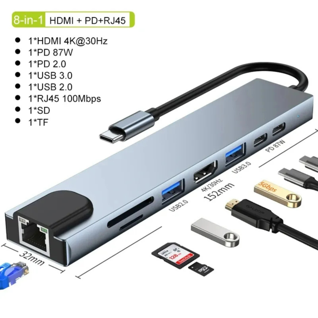 أدابتر  USB-C Hub متعدد المنافذ – HDMI 4K + شحن PD + إيثرنت + قارئ بطاقات