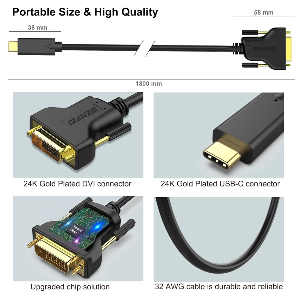 كابل BENFEI USB-C إلى DVI – بطول 1.8 متر (1080P@60Hz)