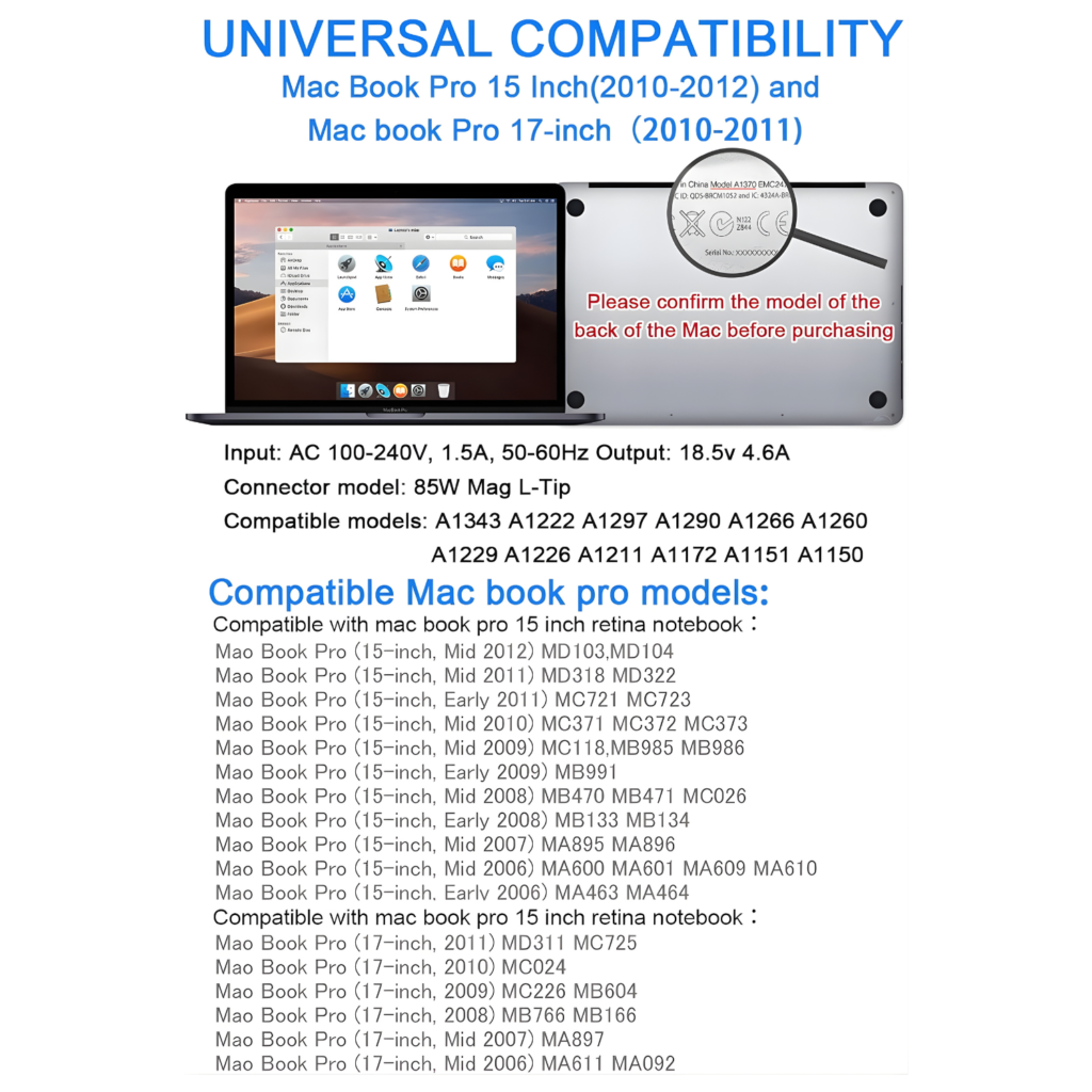 شاحن MacBook Pro 85W – بديل أصلي مع موصل L-Tip (قبل منتصف 2012)