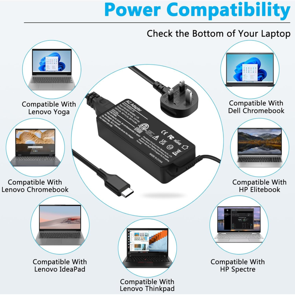 شاحن LTBSTOYE USB-C بقوة 65 واط – لأجهزة Lenovo وChromebook