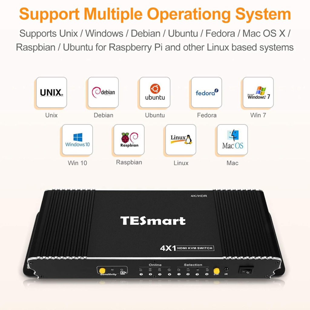 محول TESmart KVM HDMI عدد 4 منافذ – دقة 4K@60Hz 