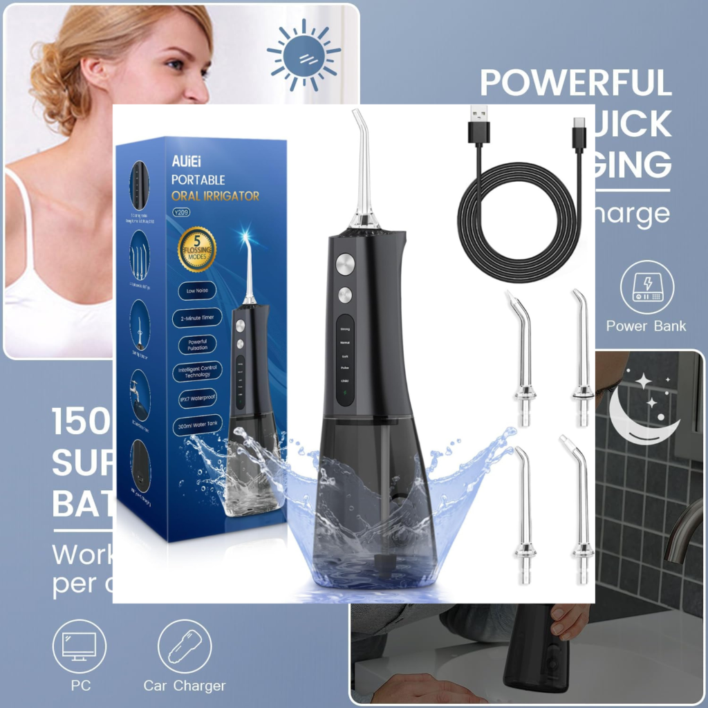 جهاز تنظيف الأسنان بالماء AUIEI – لاسلكي USB-C | 5 أوضاع | سعة 300 مل (أسود)