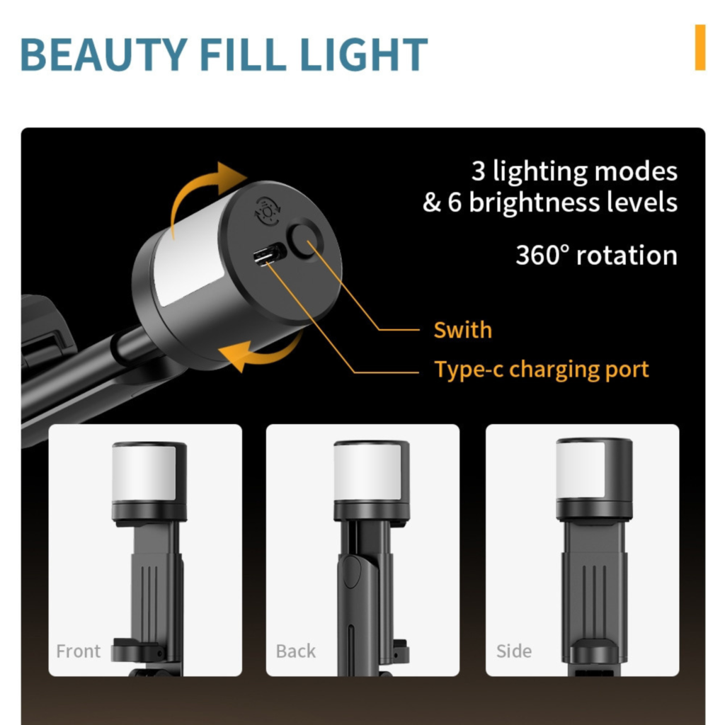 حامل و عصا سيلفي Q12S بطول 75 سم – ترايبود مع ريموت بلوتوث وإضاءة بيوتي