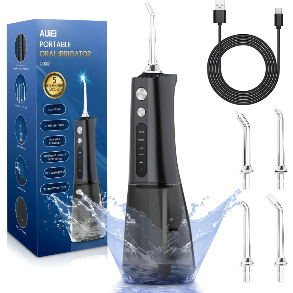 جهاز تنظيف الأسنان بالماء AUIEI – لاسلكي USB-C | 5 أوضاع | سعة 300 مل (أسود)
