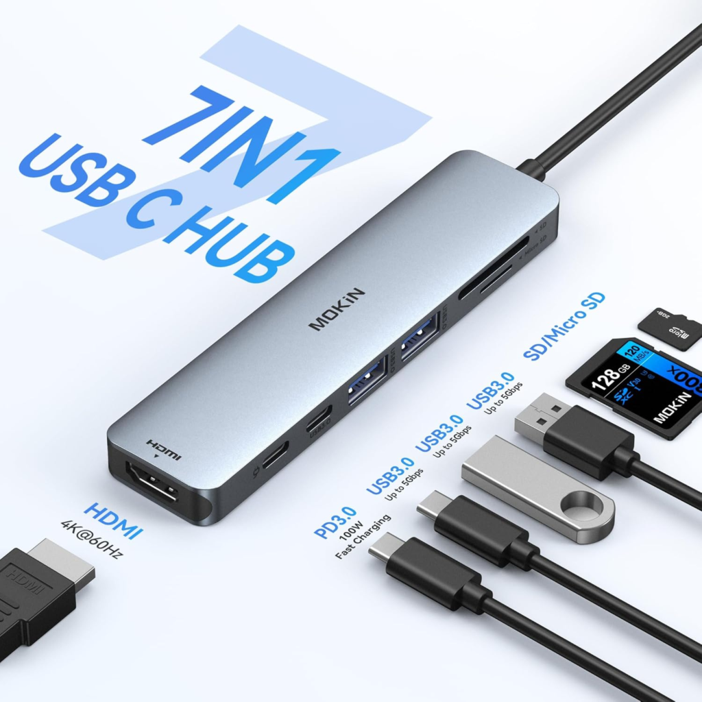 أدابتر MOKiN USB-C Hub  USB-C متعدد المنافذ 7-في-1 – HDMI 4K@60Hz مع شحن 100W PD