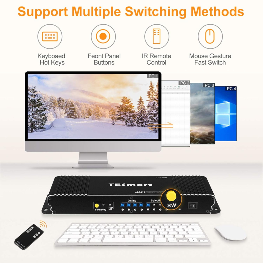 محول TESmart KVM HDMI عدد 4 منافذ – دقة 4K@60Hz 