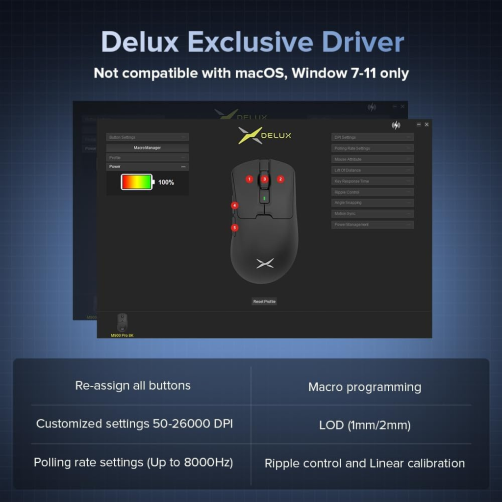  ماوس ألعاب لاسلكي احترافي – 63g | 26000 DPI | 8000Hz DELUX M900PRO
