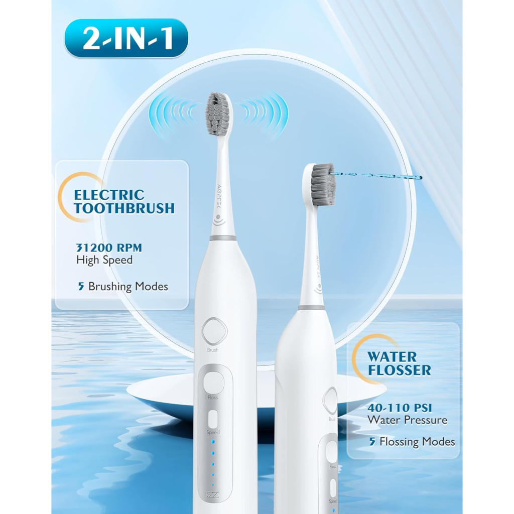 فرشاة أسنان AGPTEK مع خيط مائي – 2 في 1