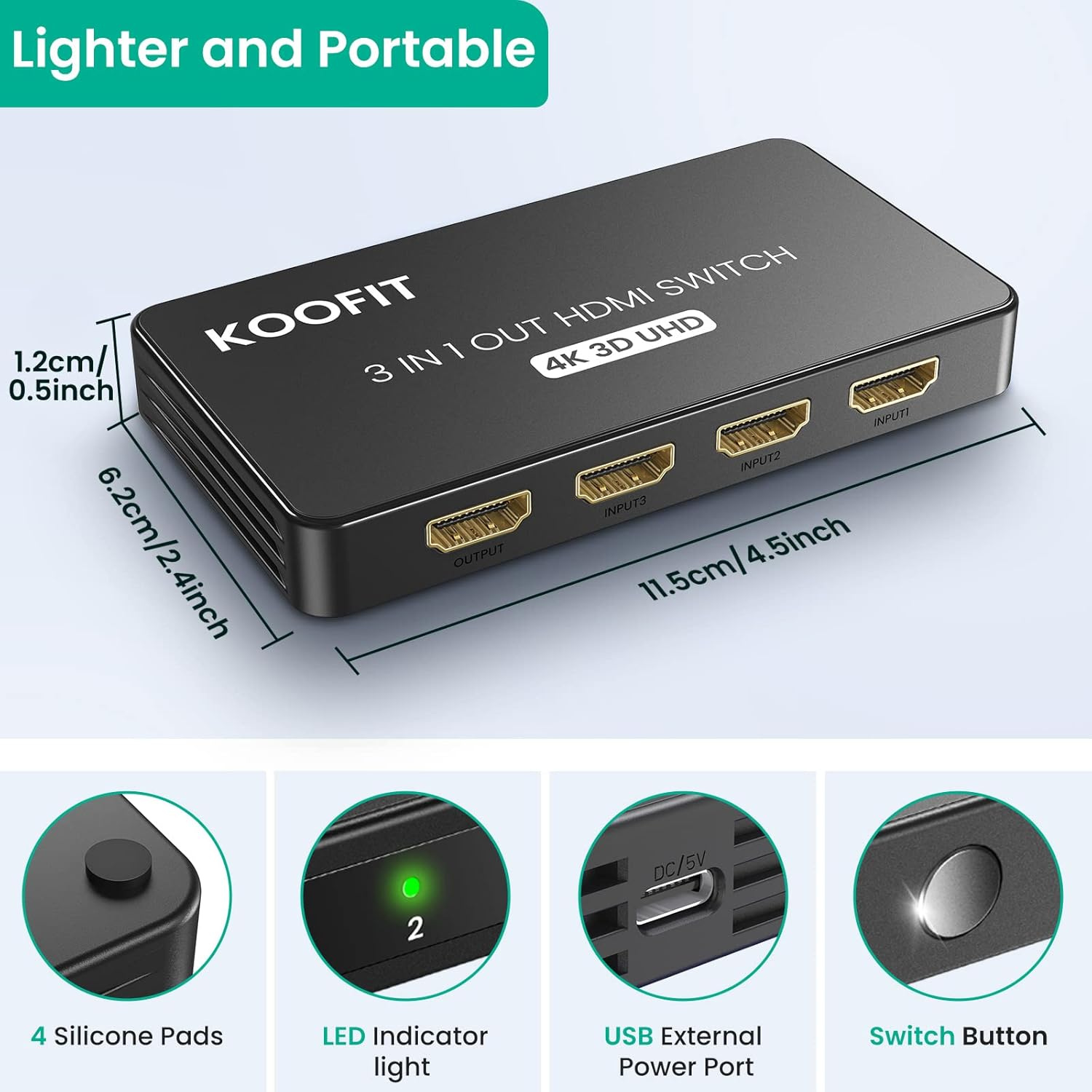 جهاز KOOFIT HDMI Switch 3 أجهزة إلى شاشة واحدة | HDMI 2.0 | دعم 4K@60Hz
