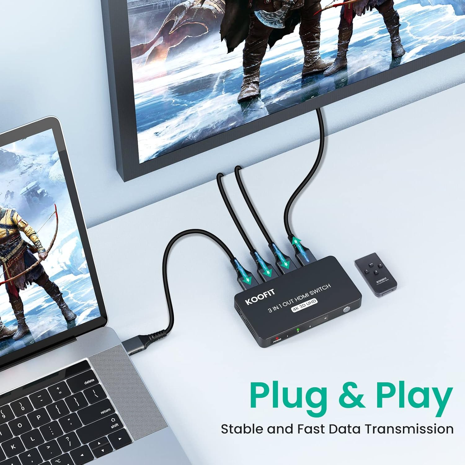 جهاز KOOFIT HDMI Switch 3 أجهزة إلى شاشة واحدة | HDMI 2.0 | دعم 4K@60Hz