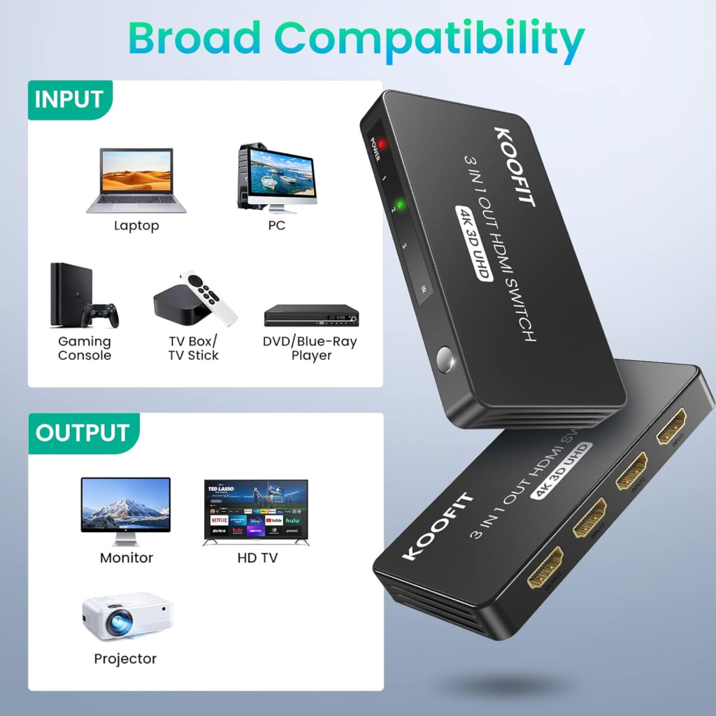 جهاز KOOFIT HDMI Switch 3 أجهزة إلى شاشة واحدة | HDMI 2.0 | دعم 4K@60Hz