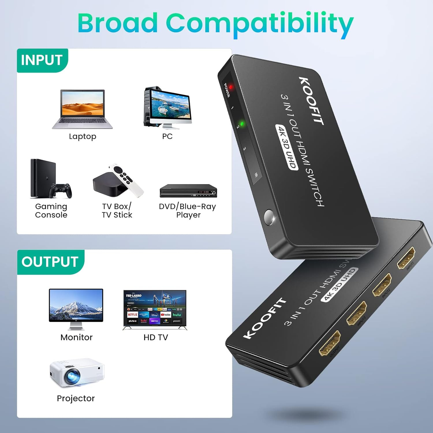جهاز KOOFIT HDMI Switch 3 أجهزة إلى شاشة واحدة | HDMI 2.0 | دعم 4K@60Hz